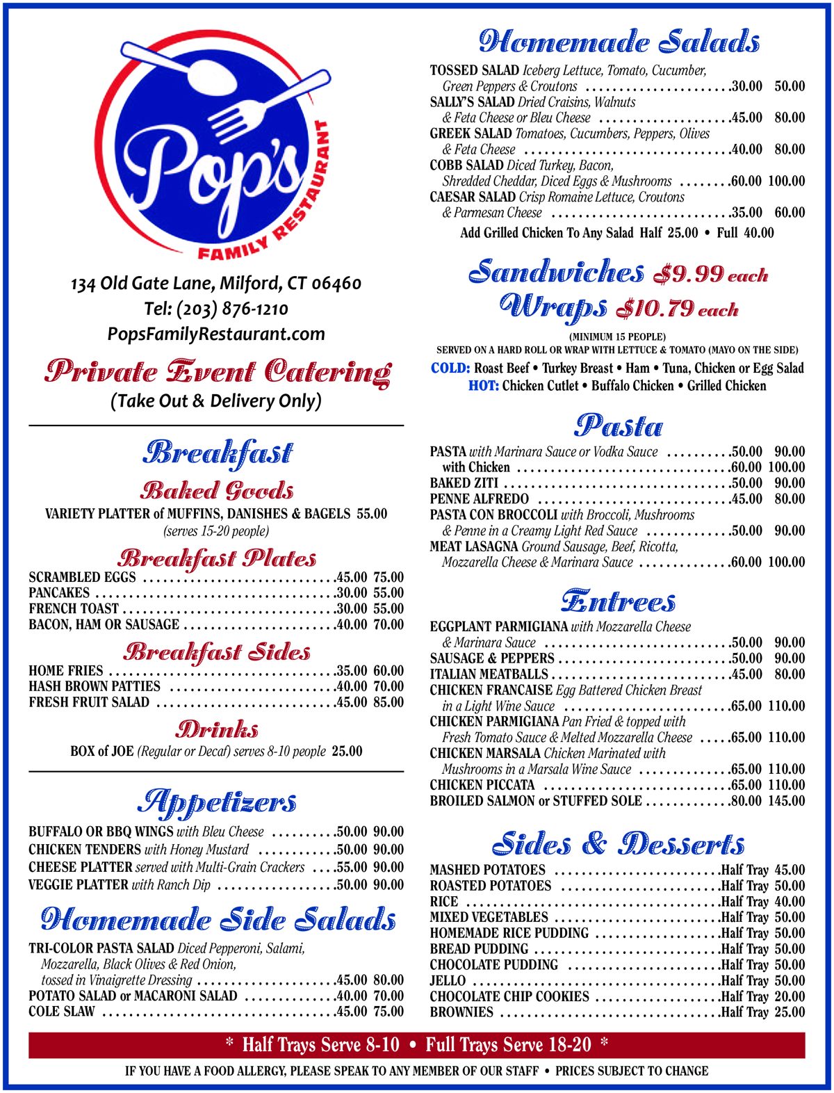 Pop's Family Restaurant catering menu