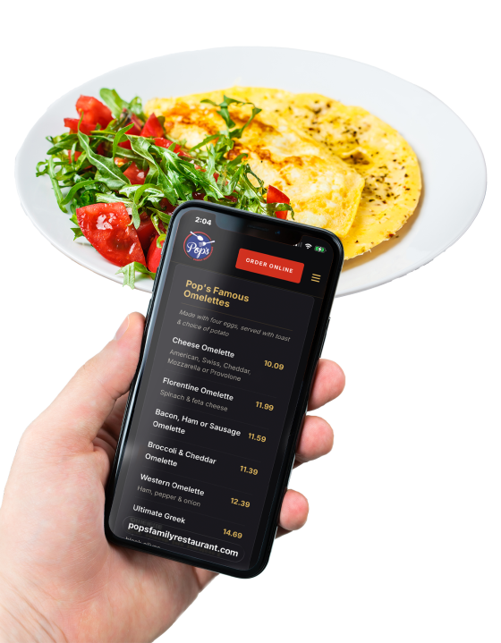Pop's Family Restaurant app showing the menu on a phone